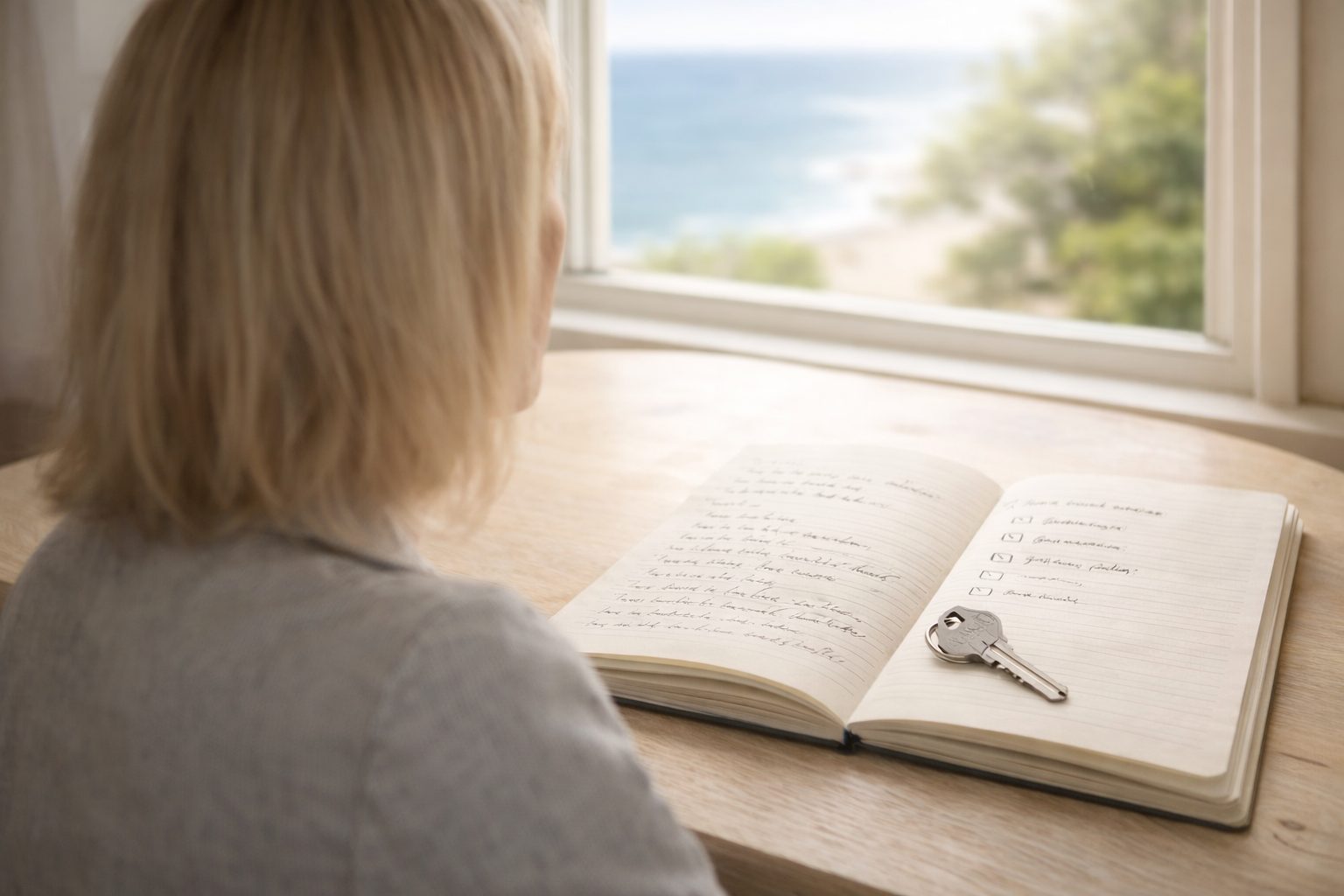 A woman sits at a table looking out a window in Northwest Florida, with a notebook, checklist, and house key representing thoughtful home-buying decisions.