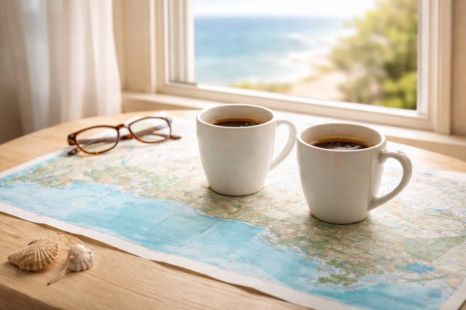 Two coffee cups resting on a coastal map of Northwest Florida near a window, representing a thoughtful conversation about buying homes near the coast.