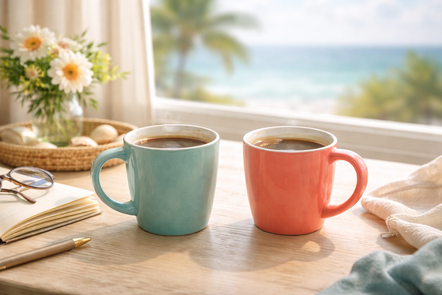 Two coffee cups by a window overlooking Northwest Florida while discussing home buying decisions