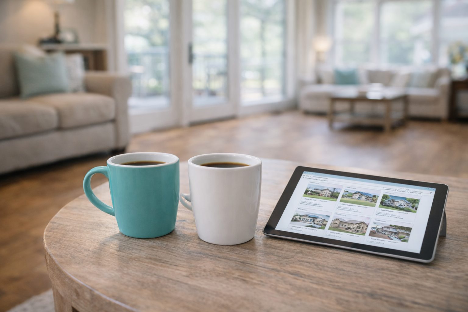 Coffee mugs and a tablet showing home listings inside a Fort Walton Beach living room.