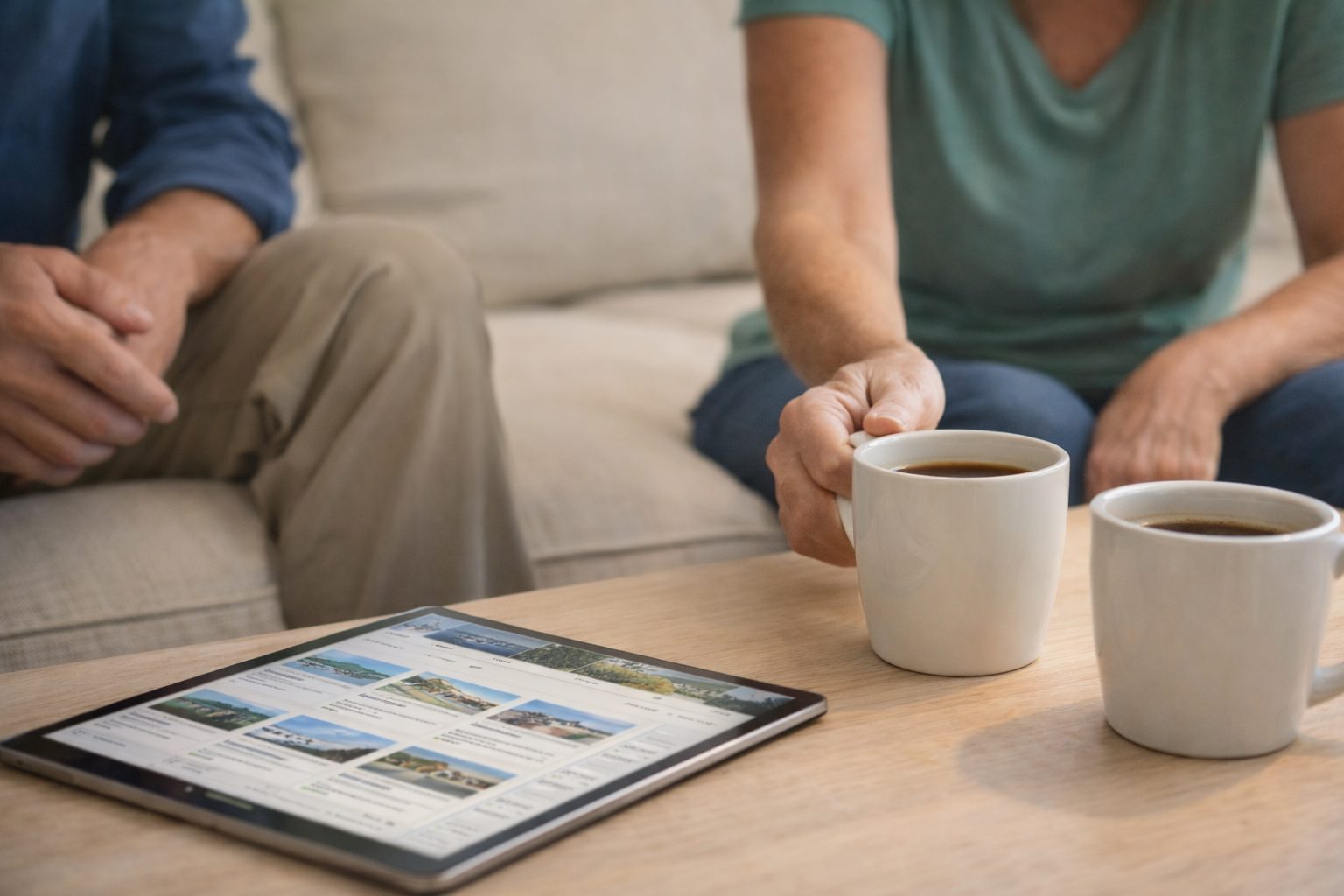 Two people reviewing Fort Walton Beach home listings on a tablet with coffee mugs on a living room table.