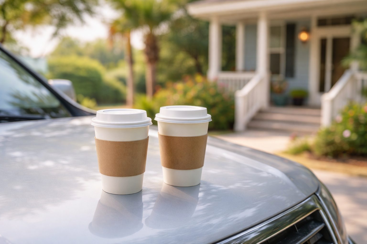 Two to-go coffee cups resting on a vehicle hood during a Fort Walton Beach home tour.