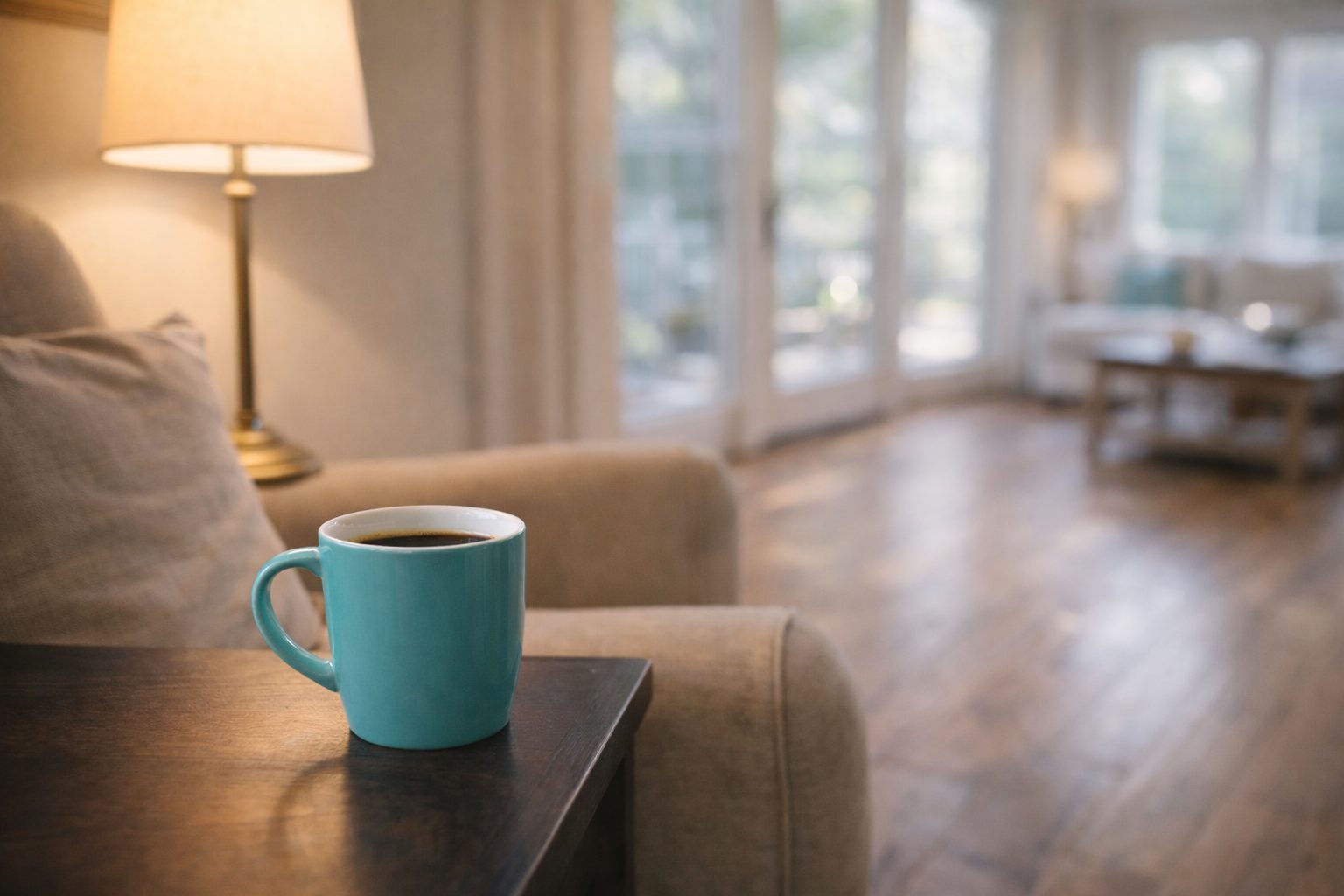 Coffee mug on a side table beside a reading chair in a Fort Walton Beach home.