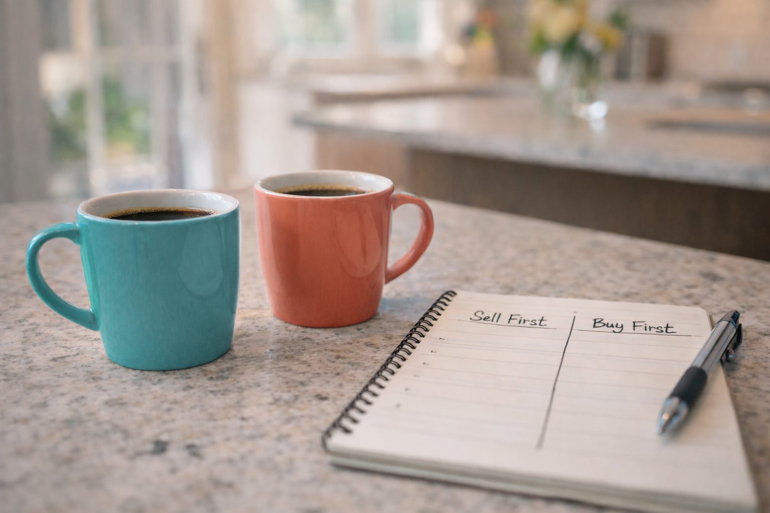 Two aqua and coral coffee mugs next to a notepad labeled “Sell First” and “Buy First” during a Fort Walton Beach home buying and selling discussion.