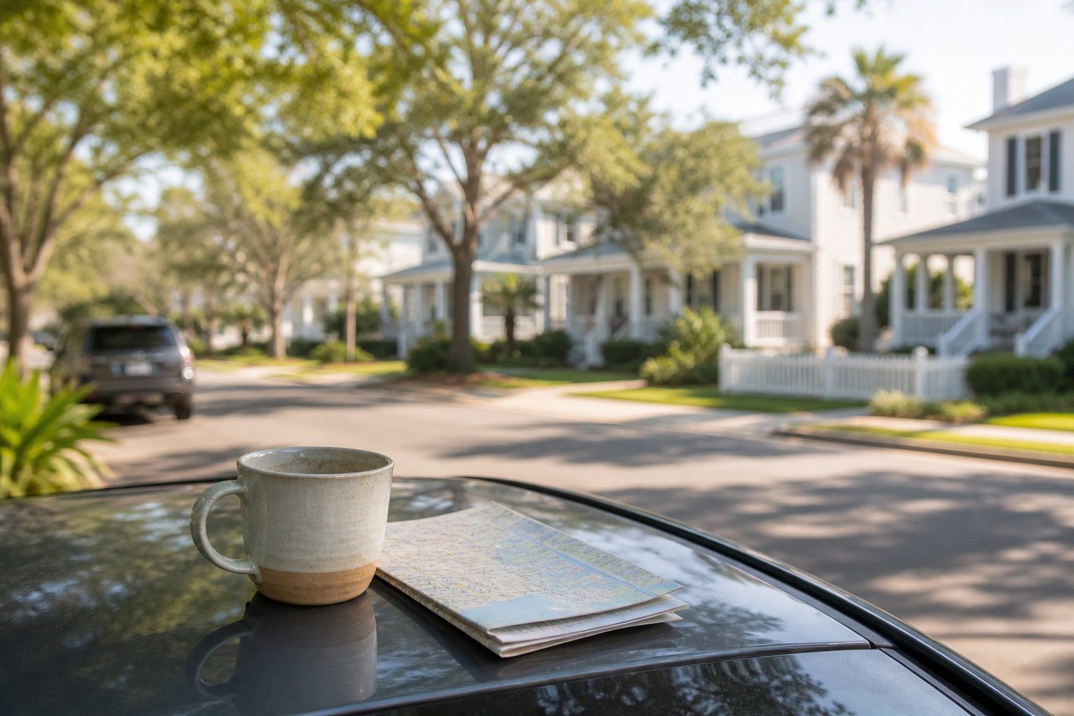 A coffee mug and folded map resting on a parked car in a Fort Walton Beach neighborhood with coastal homes and tree-lined streets in the background.
