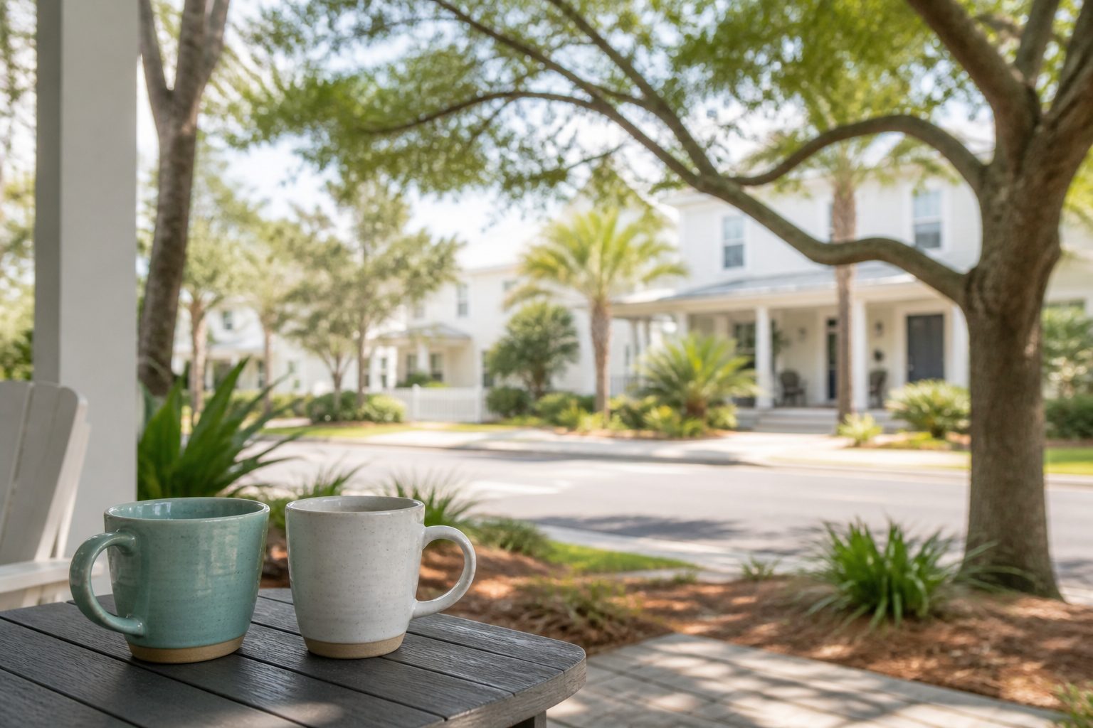 Two ceramic coffee mugs on a porch table in a Fort Walton Beach neighborhood with a coastal home and tree-lined street in the background.