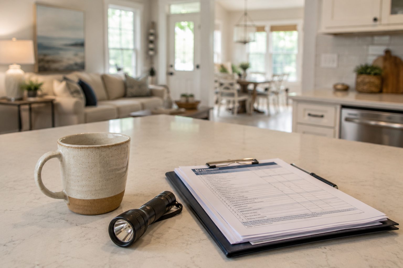 Coffee mug and home inspection paperwork on a kitchen counter in a Fort Walton Beach home.