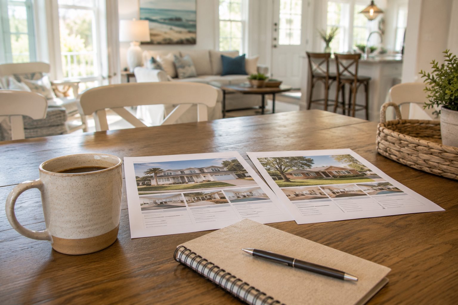 Coffee mug and home listing sheets on a table during a Fort Walton Beach home search.