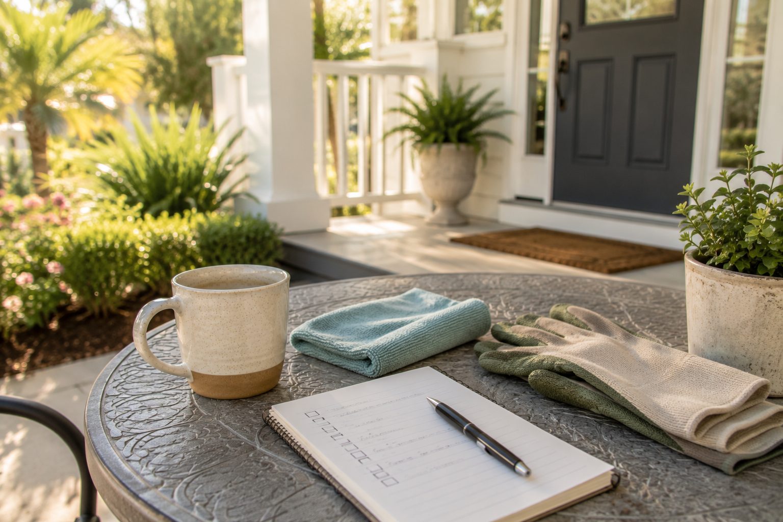 Coffee mug and home preparation checklist on a front porch of a Fort Walton Beach home ready to sell.