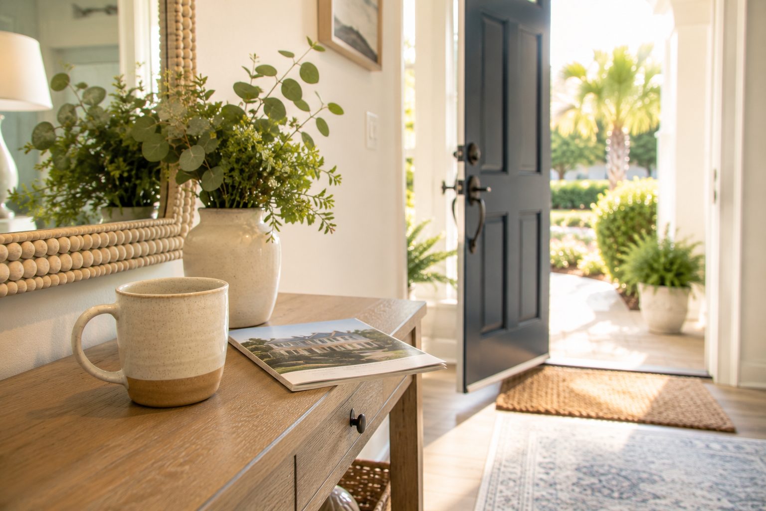 Coffee mug and welcoming entry table inside a Fort Walton Beach home prepared for buyers.