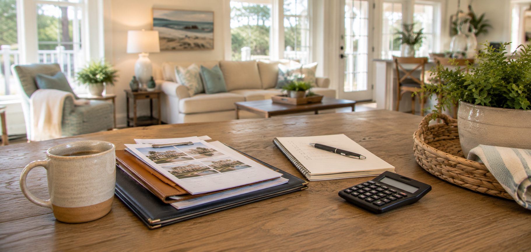 Coffee mug, notebook, calculator, and home listing paperwork on a dining table in a Fort Walton Beach home.