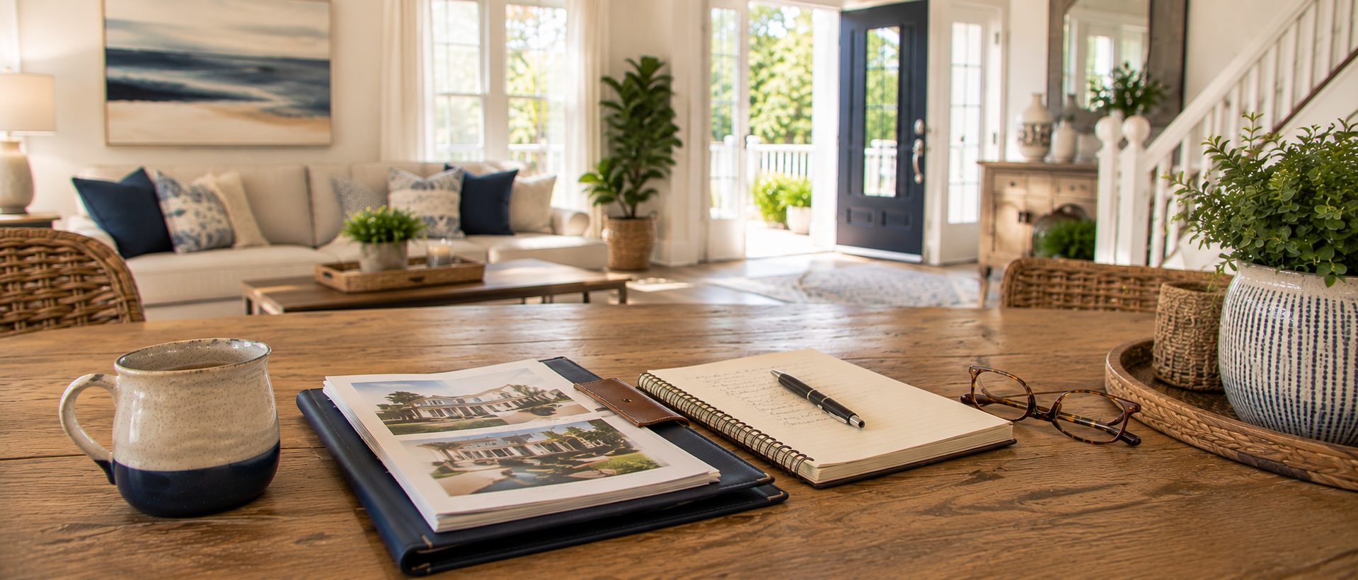 Coffee mug, notebook, and home listing folder on a dining table inside a Fort Walton Beach home.