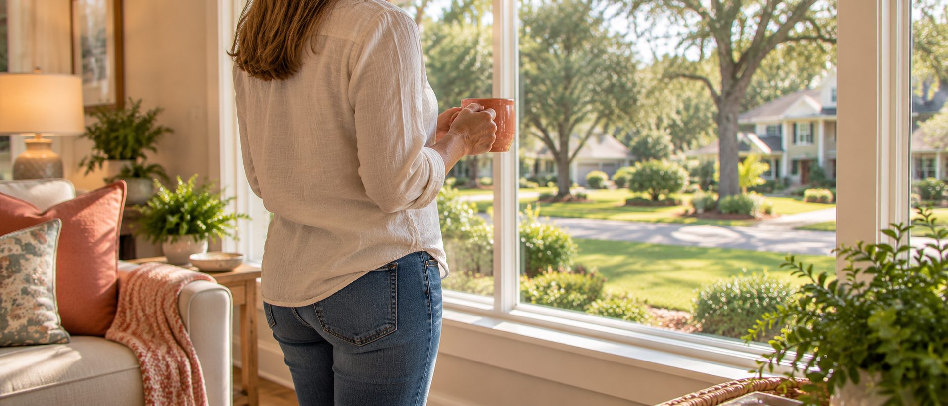 Person holding a coffee mug by a window overlooking a Fort Walton Beach neighborhood.