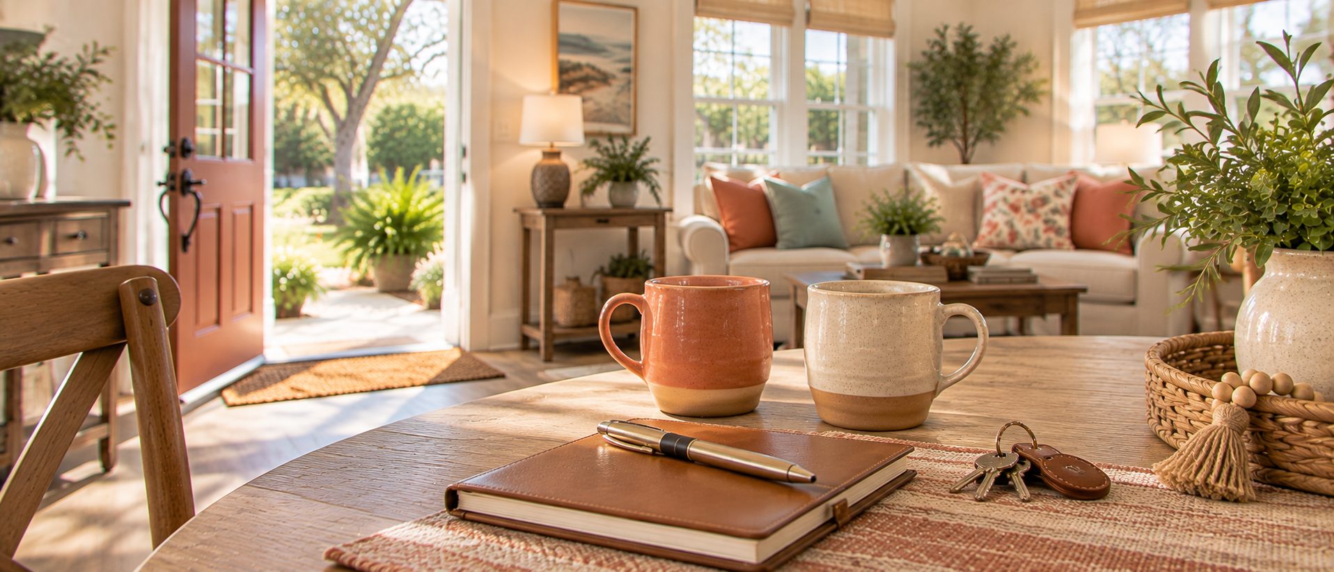 Two coffee mugs and house keys inside a Fort Walton Beach home with an open front door.